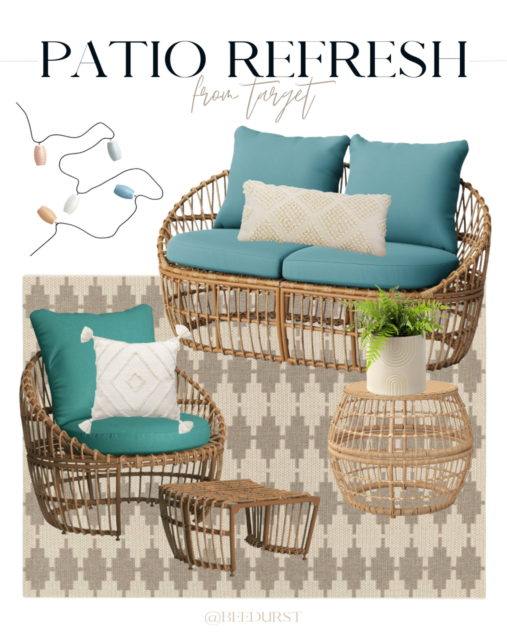 A boho patio refresh from Target! Target patio finds, Target patio furniture, wicker patio furniture, boho patio furniture, neutral patio rug, neutral outdoor rug, wicker coffee table, outdoor coffee table, patio lights, boho patio lights, lantern patio lights, outdoor pillows, neutral patio idea, boho patio idea, boho patio decor 

#LTKstyletip #LTKSeasonal #LTKhome