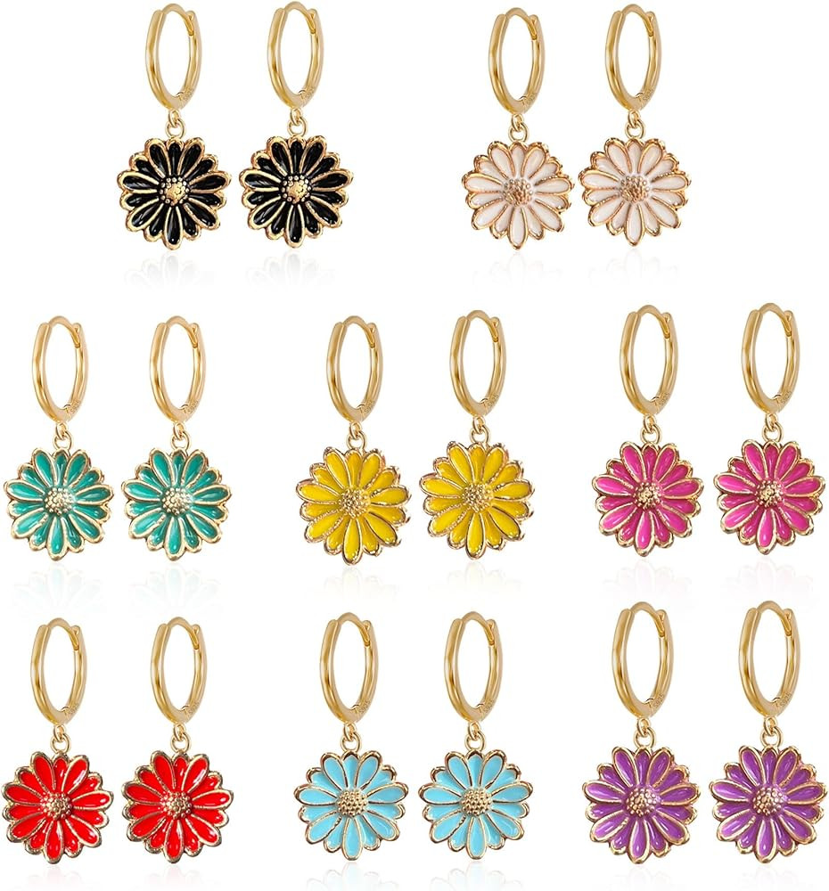 8 Pairs Flower Daisy Earrings Charm Drop Dangle Stud Hoop Huggie Earrings Jewelry Gifts for Women... | Amazon (US)