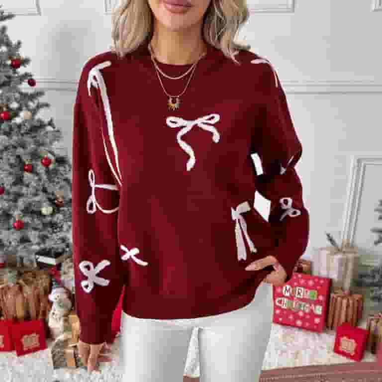 Erwazi Women Valentine's Day Wine Cute Bow Chunky Knit Sweaters Oversize Pullover Valentine Crew ... | Walmart (US)