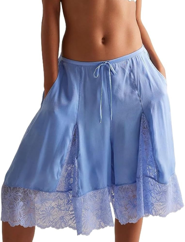 Lace Trim Satin Bermuda Shorts Women Cute Coquette Knee Length Silk Pajama Shorts | Amazon (US)
