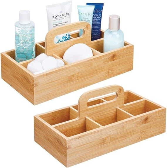 mDesign Bamboo Storage Organizer Tote with Built-in Handle, Divided Basket Bin, Wood Handle for B... | Amazon (US)