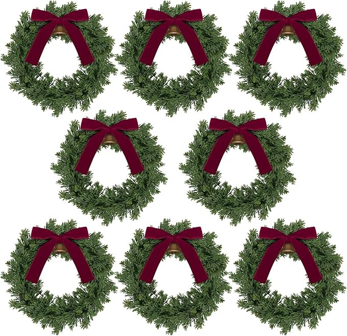Dingion 8 Pcs Christmas Wreath Decorations 10 x 10 Inches Christmas Cabinets Wreaths with Red Rib... | Amazon (US)