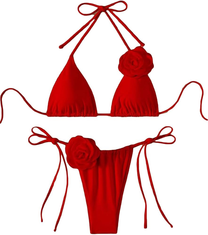Women's Floral Appliques Cute Bathing Suit High Waisted Triangle Tie Side Swimsuit Bikini Set | Amazon (US)