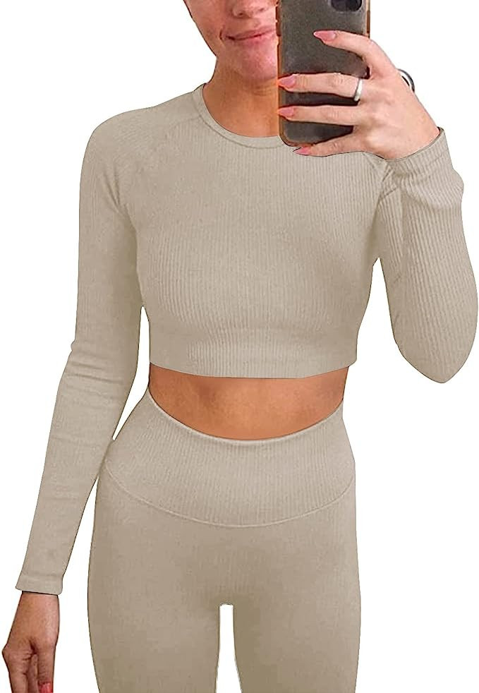 Jetjoy Exercise Outfits for Women 2 Pieces Ribbed Seamless Yoga Outfits Sports Bra and Leggings S... | Amazon (US)