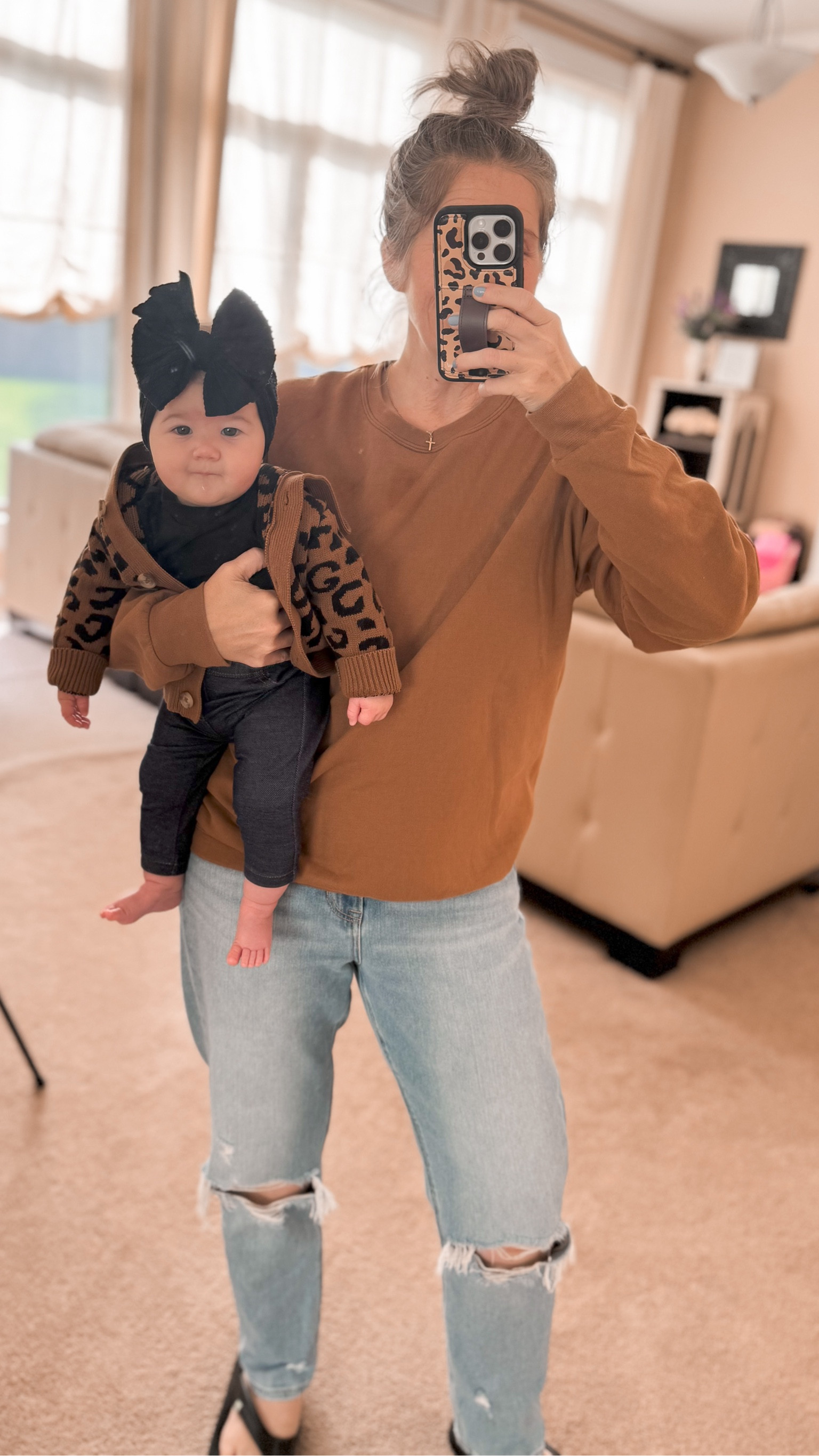 Izzy is wearing a Cheetah cardigan, jeans, mock top & a big bow.

I’m wearing AE jeans, comfy yoga mat flip flops & a matching hue sweatshirt.

My  p e r f e c t  messy bun is a huge thanks to my clear Invisibobble hair tie✨

Everything is linked in my LTK for THE easiest shopping experience! 💋

#LTKbaby #LTKover40 #LTKsalealert