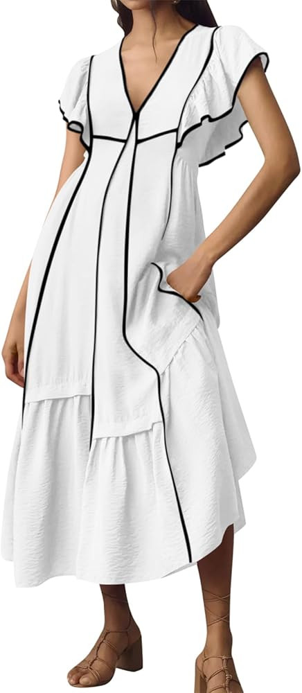 Wenrine Womens Summer V Neck Midi Dress Casual Ruffle Sleeve Contrast Color Loose Fit Flowy Long ... | Amazon (US)