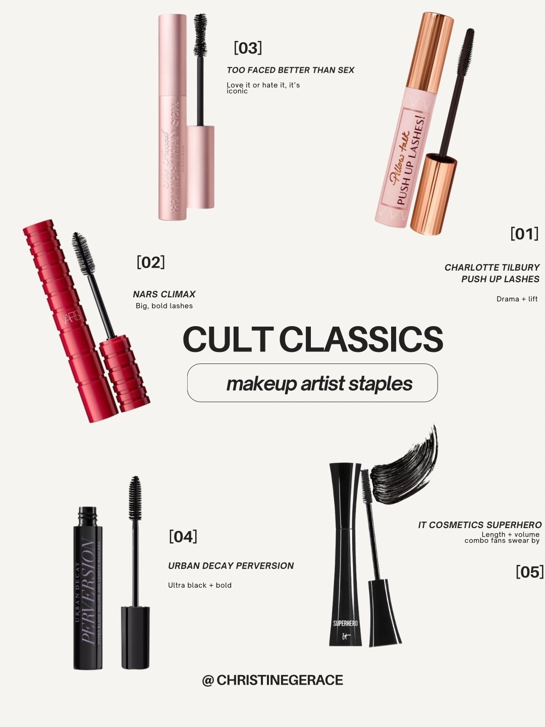 🌟 Cult Classics mascara 
- makeup artist staples

•Too Faced Better Than Sex → Love it or hate it, it’s iconic
•Charlotte Tilbury Push Up Lashes → Drama + lift.
•Urban Decay Perversion → Ultra black + bold
•IT Cosmetics Superhero → Length + volume combo fans swear by
•NARS Climax → Big, bold lashes in a red tube.

#LTKBeauty #LTKStyleTip #LTKFindsUnder50