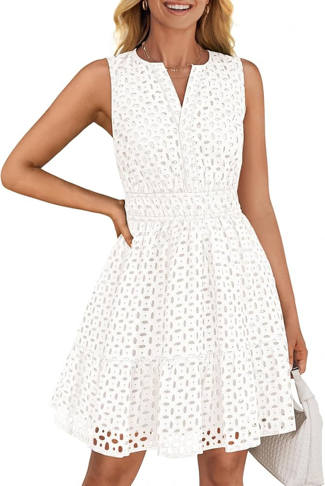 ZESICA Women's Summer Sleeveless Mini Dress V Neck Hollow Out Eyelet High Waist A Line Swing Shor... | Amazon (US)