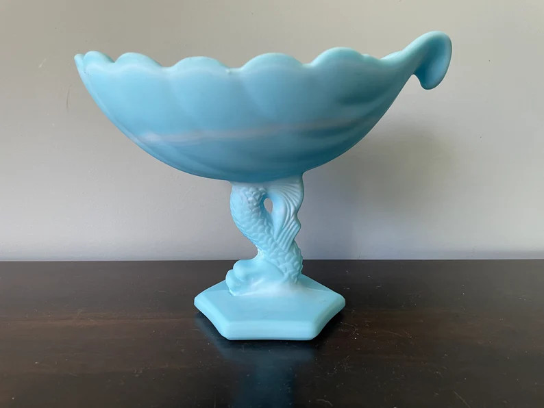 Vintage Westmoreland Shell Bowl on Dolphin Base Compote Blue Opaline Milk Glass | Etsy (US)