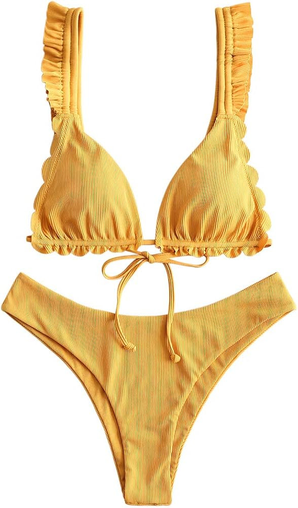 ZAFUL Women's Spaghetti Strap Tie Back Ruffle Triangle Bikini Set Swimsuit | Amazon (US)