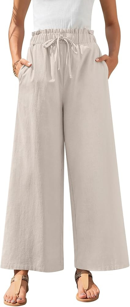 Anyally Women's Linen Summer Palazzo Pants Casual Flowy Wide Leg Drawstring High Waist Beach Trou... | Amazon (US)