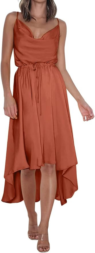 MIHOLL Womens Satin Dress Spaghetti Strap Cowl Neck Tie Waist Wedding Guest Cocktail Party Midi D... | Amazon (US)
