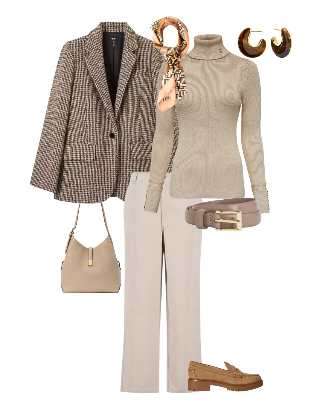 Country living outfit from pubs to market towns - Neutral relaxed trousers, elevated roll neck knit, Houndstooth blazer, suede chunky loafers, taupe handbag, silk scarf, tortoiseshell earrings 

 #LTKuk #LTKautumn #LTKover50style