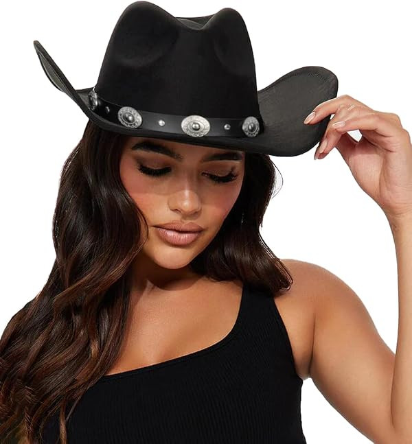 Womens Western Cowboy Hats Studded Pinched Cowgirl Hats Wide Brim Fedoras | Amazon (US)