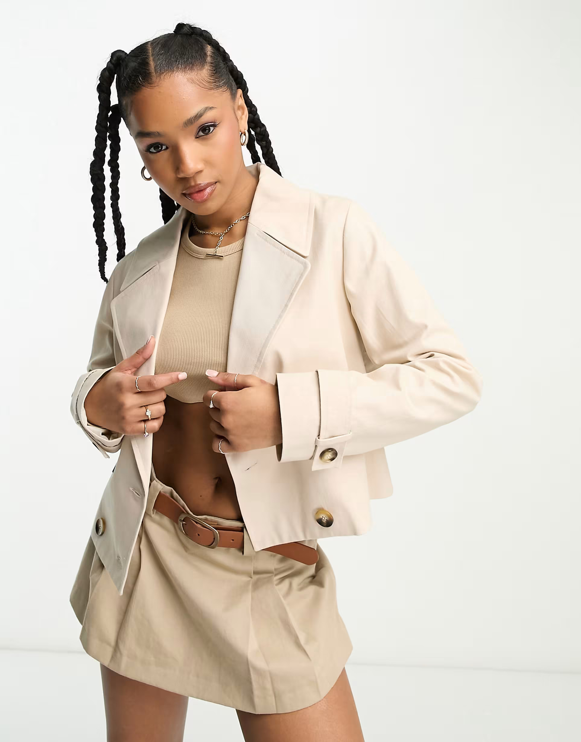 Miss Selfridge cropped trench coat in camel | ASOS (Global)