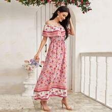 Floral Print Bardot Maxi Dress | SHEIN
