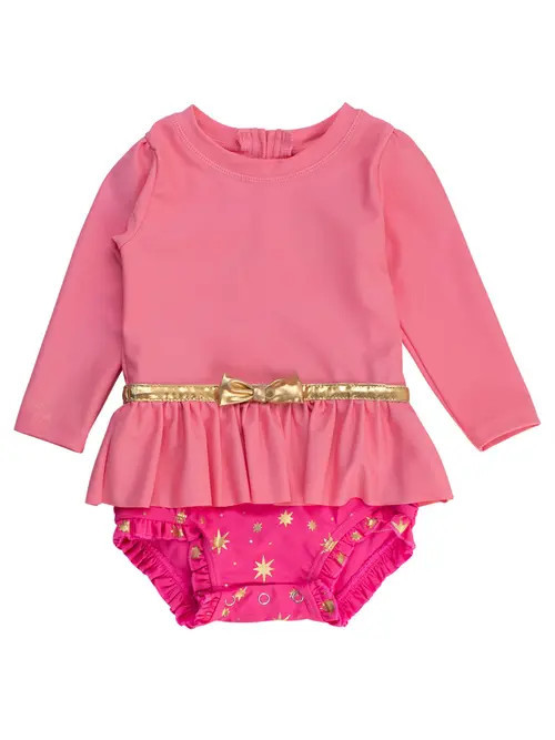 RuffleButts Baby Girls UPF50+ Princess Long Sleeve Bow Skirted One Piece Swimsuit in Royal Pink Princess at Nordstrom, Size 0-3M | Nordstrom