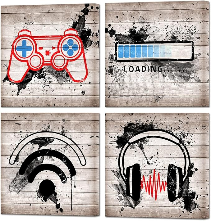 YeiLnm Video Game Wall Art Decor 4 Piece Canvas Print Game Room Decor Gaming Picture Painting Tee... | Amazon (US)