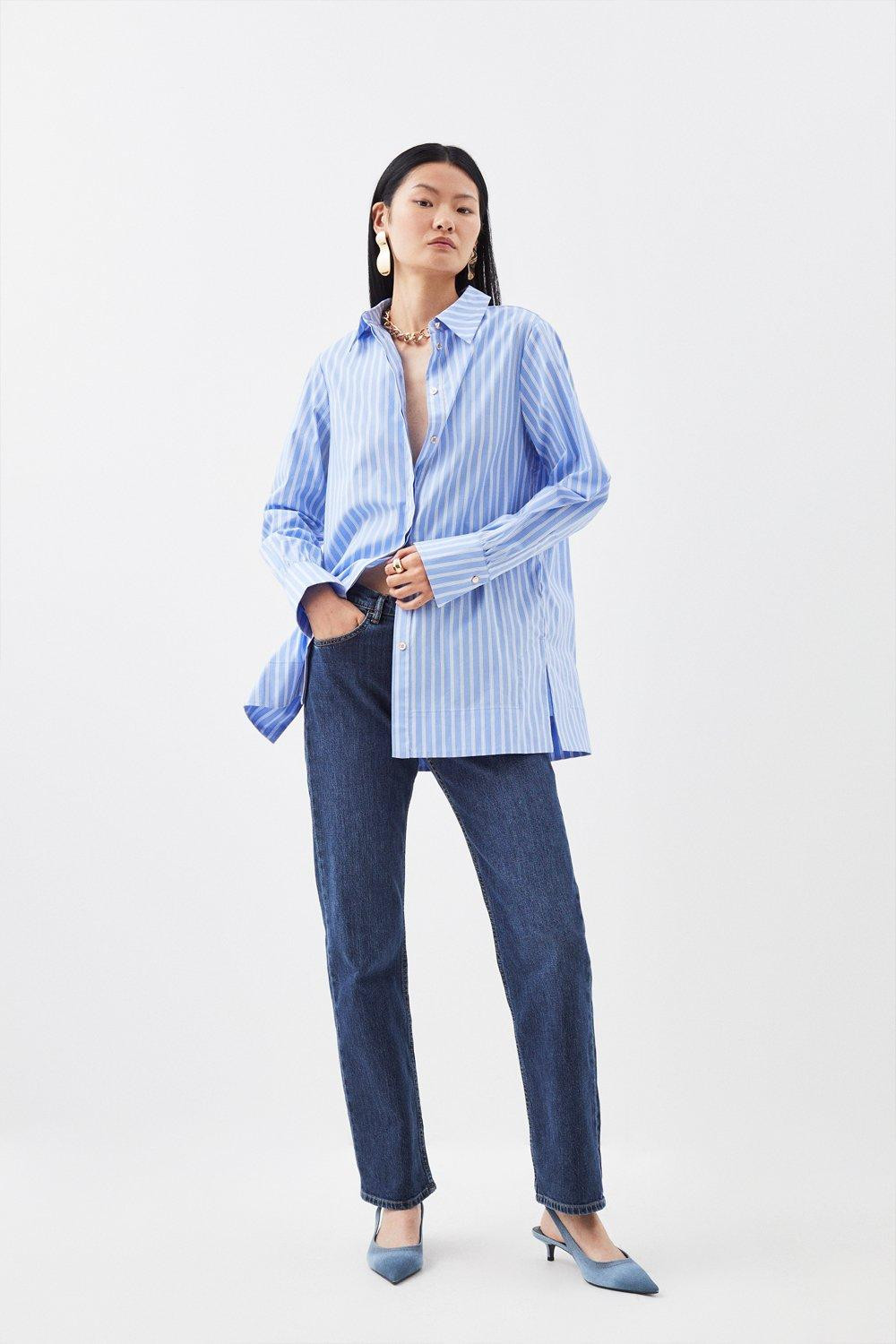 Cotton Poplin Button Sleeve Detail Woven Shirt | Karen Millen UK + IE + DE + NL