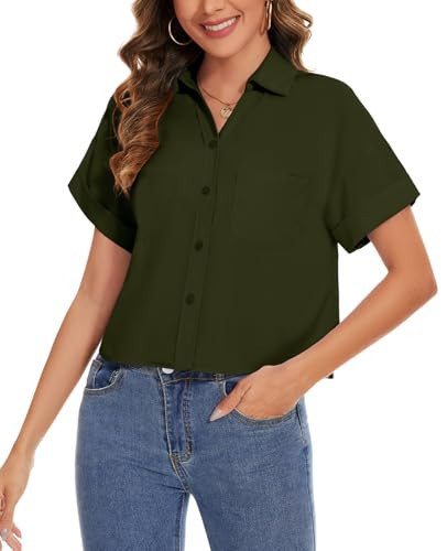 Button Down Crop Top for Women Short Sleeve Cropped Shirts,Army Green,S | Amazon (US)