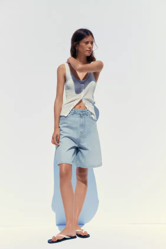 TRF A-LINE MID-WAIST DENIM BERMUDA SHORTS | Zara US