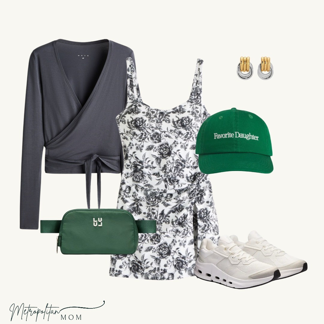 Florals, but sporty!A black and white floral workout dress styled beyond the gym. Added a soft grey wrap, green belt bag, favorite green hat, and crisp white sneakers to make this feel like a real outfit you can run around in all day.Sporty, cute, and incredibly comfortable.

#LTKmomlife #LTKfitnessgoals #LTKOver40