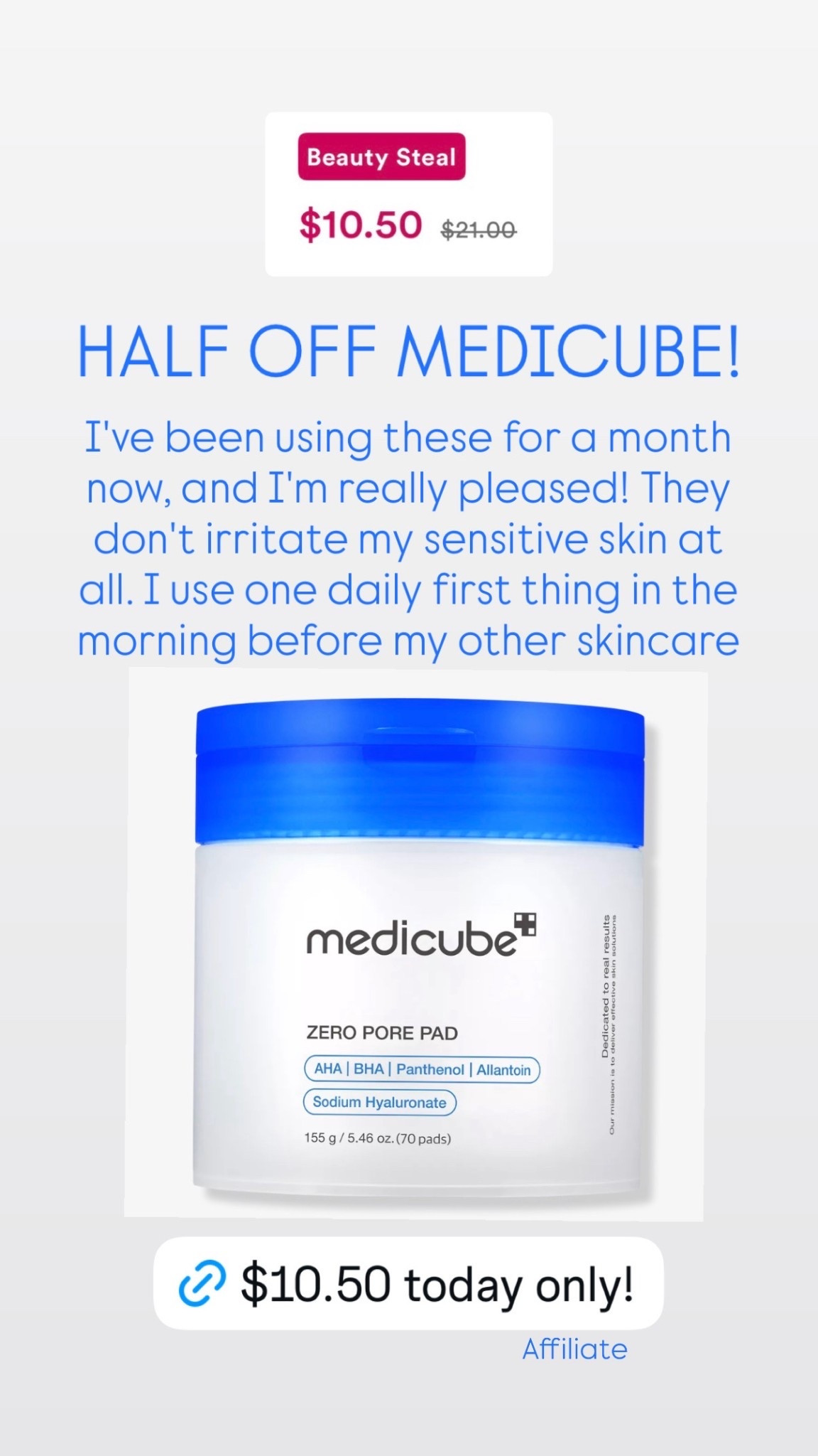 TODAY ONLY! The viral medicube zero pore pads are half off at Ulta! $10.50 for 70 pads! I've been using these for a month, and my skin has improved a lot. Also love that they don't irritate my sensitive skin.
.........
Sensitive skincare sensitive skin skincare Korean skincare Asian skincare toner pads Ulta beauty sale Ulta finds Ulta bestsellers skincare bestsellers viral skincare favorites 

#LTKmorningroutine #LTKgrwm #LTKBeauty