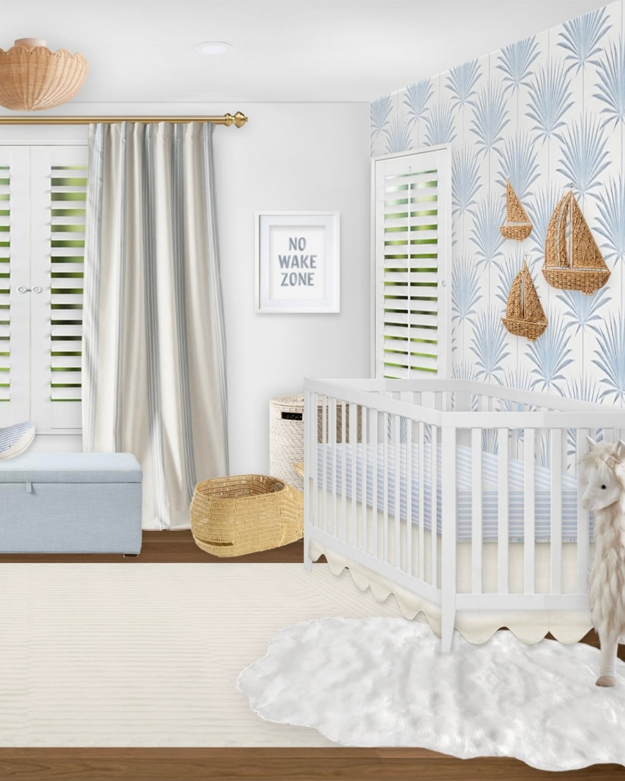 This coastal nursery was for a client who wanted a California coastal theme with a fun wallpaper and lots of texture. This boy's nursery features blue palm wallpaper, adorable sailboat wall art, a neutral nursery glider, a blue storage bench, surfboard wall art, and a scalloped rattan chandelier.
✨🩶 Want a virtual nursery design of your own? Check out www.littlecrowninteriors.com for interior design services. 🩶 ✨ 
Design by Little Crown Interiors. For lots more baby girl nursery ideas, check out my blog and website! 

 #nurserydecor #nurseryfurniture #nursery #babynursery #boynursery #coastalnursery #nurserywallpaper #wallpaper #coastalwallpaper #bluenursery #virtualdesign #edesign #littlecrowninteriors #LTKbump #LTKstyletip #LTKmomlife #LTKHome #LTKSaleAlert #LTKBaby