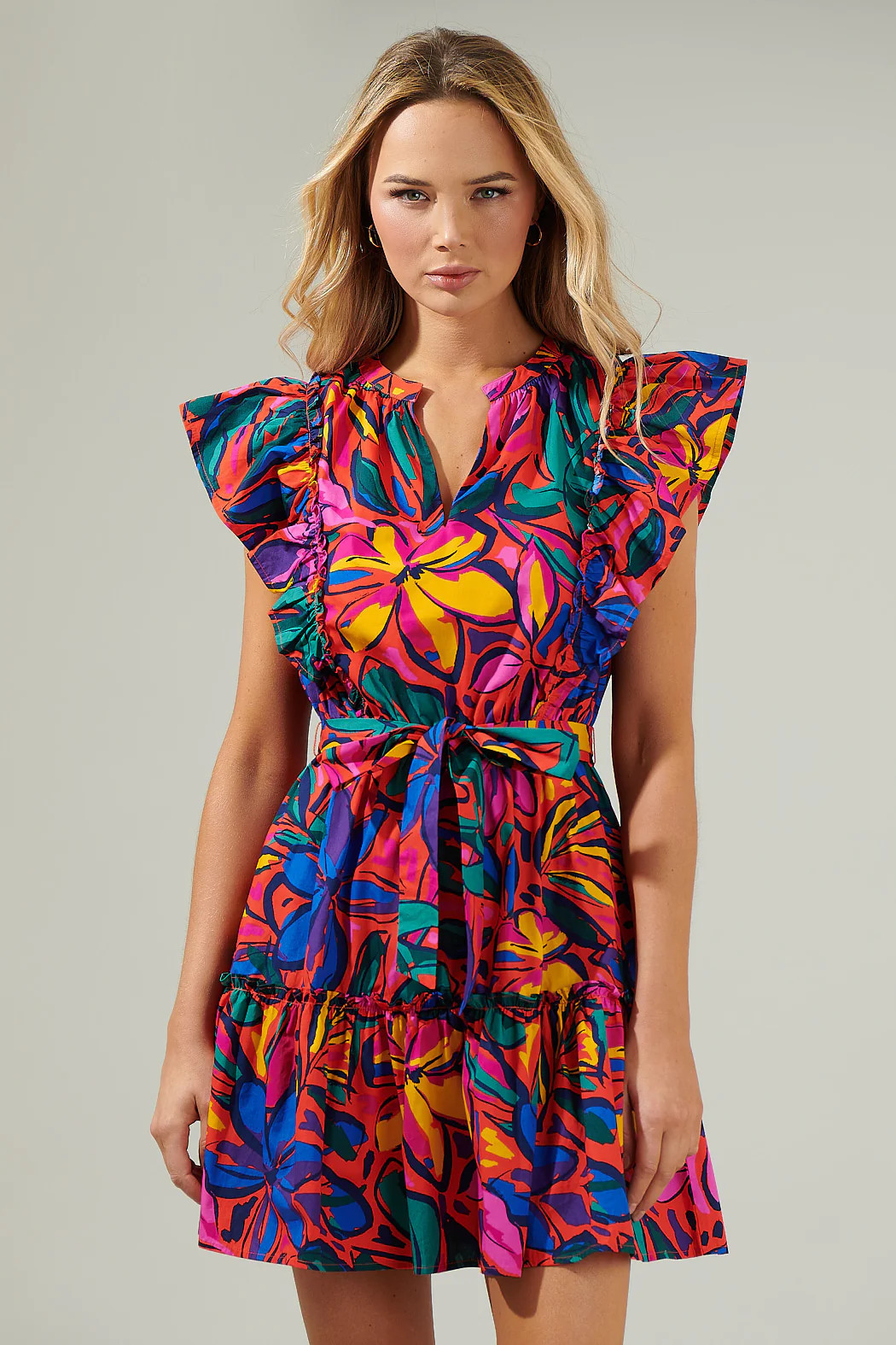Rainbow Tropics Floral Ruffle Mini Dress | Sugarlips