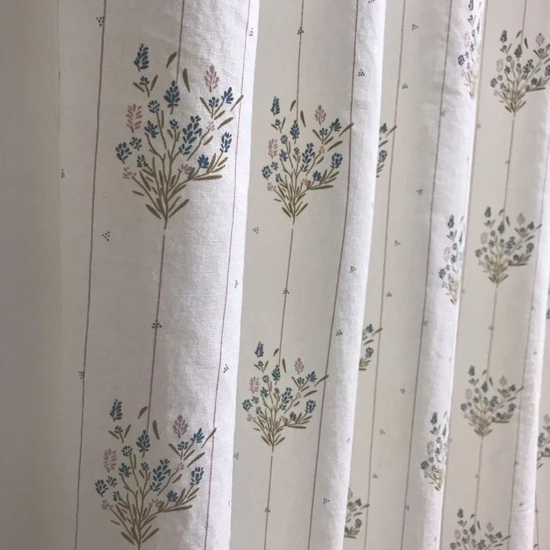 Modern Vintage Stripe Blue Floral Pattern Washed Linen Cotton Curtain White Background Drapery Pa... | Etsy (CAD)
