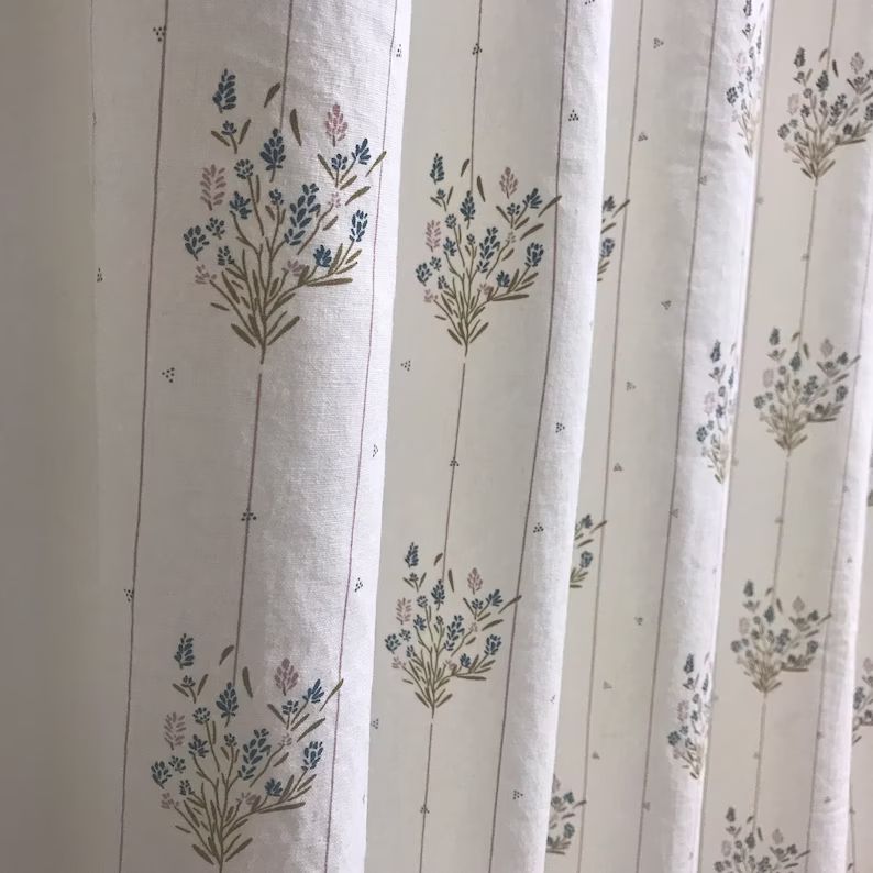 Modern Vintage Stripe Blue Floral Pattern Washed Linen Cotton Curtain White Background Drapery Pa... | Etsy (CAD)