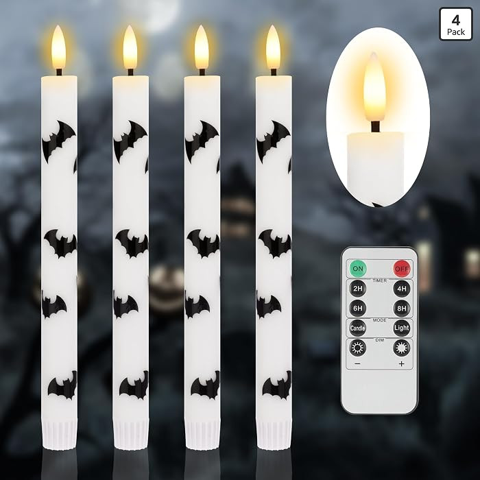 Halloween Flameless Taper Candles with Remote and Timer, 4 Pack Bat LED Flickering 3D Flame Real ... | Amazon (US)
