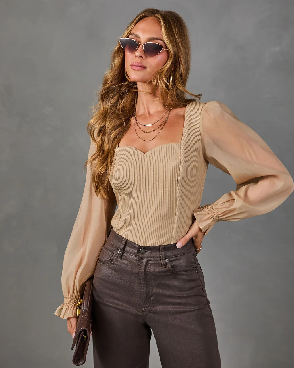 Dinner Glow Organza Sleeve Knit Top Taupe / S | VICI