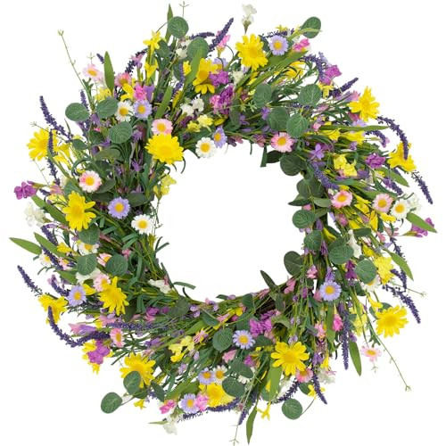 LLZLL Spring Decorations for Home 22" Spring Wreath Artificial Summer Wreaths with Eucalyptus Leaf Lavender and Daisy for Easter Indoor Outdoor Home Festival Celebrations | Amazon (US)