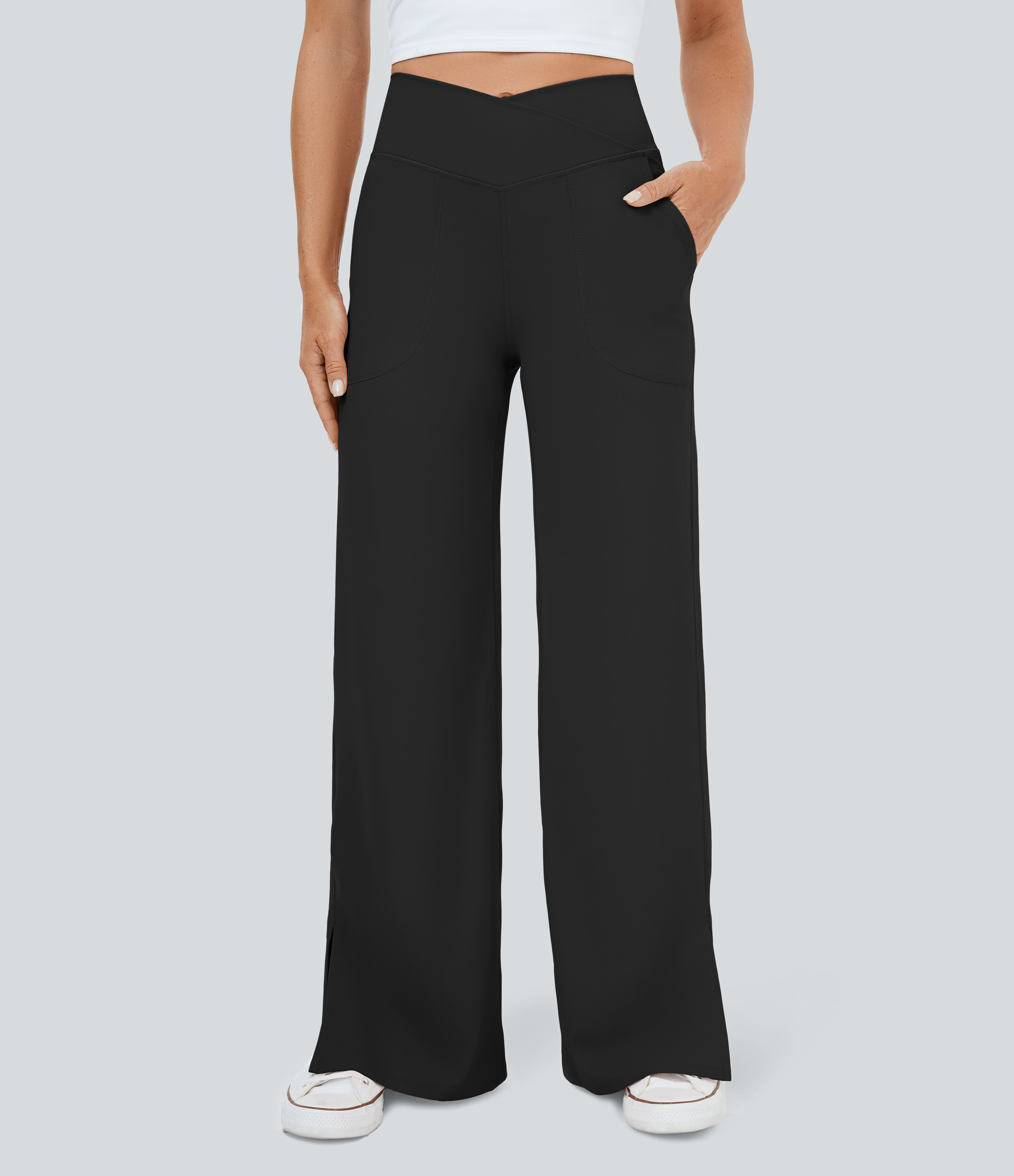 Halara Crossover Pocket Split Hem Wide Leg Yoga Pants-Smile - Black - XXS | HALARA