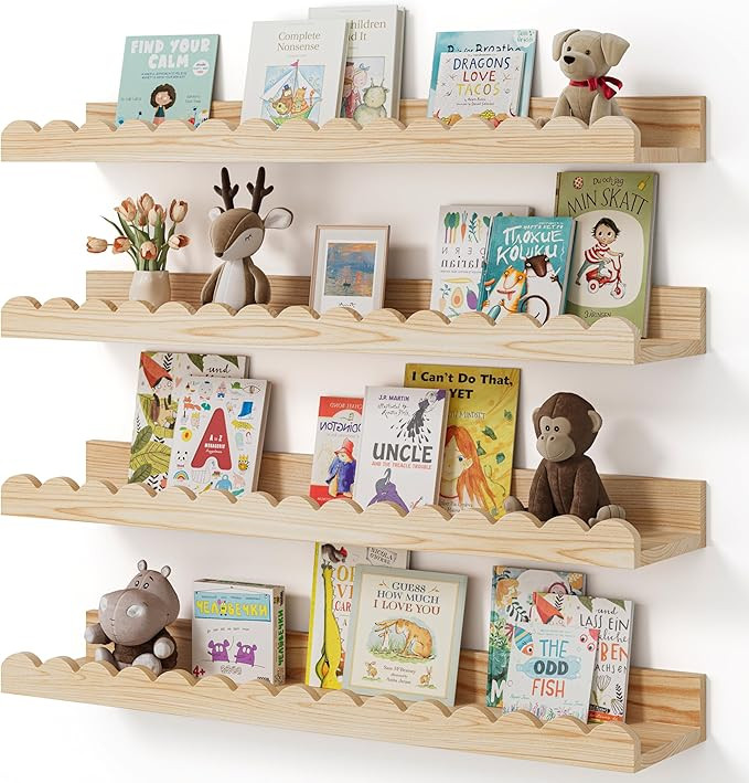 Nursery Book Shelves, 4-Pack Wood Floating Shelves for Wall Kids, Scalloped Shelves, Wall Book Sh... | Amazon (US)