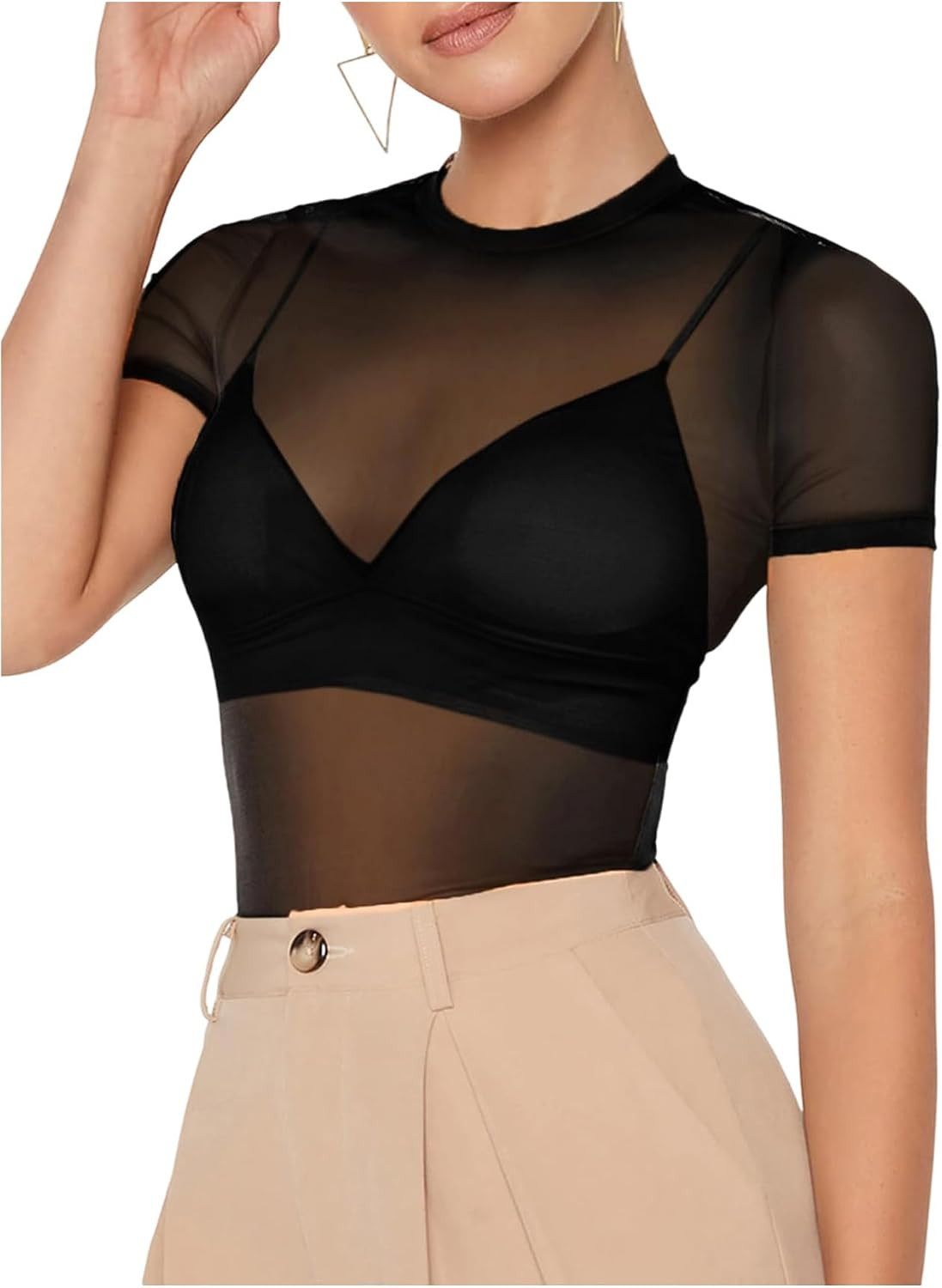 MakeMeChic Women's Concert Outfits Summer Mesh Sheer Shirts Short Sleeve See Through Black Top Blouse | Amazon (US)