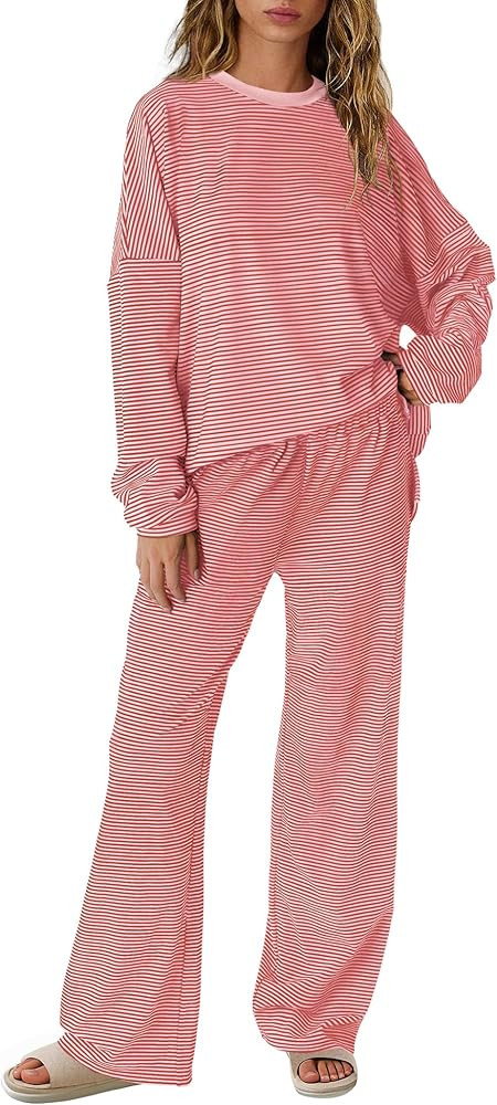 Yanekop Womens Striped Lounge Set Long Sleeve Matching Sets Oversized Pajama Sets Striped Shirt W... | Amazon (US)