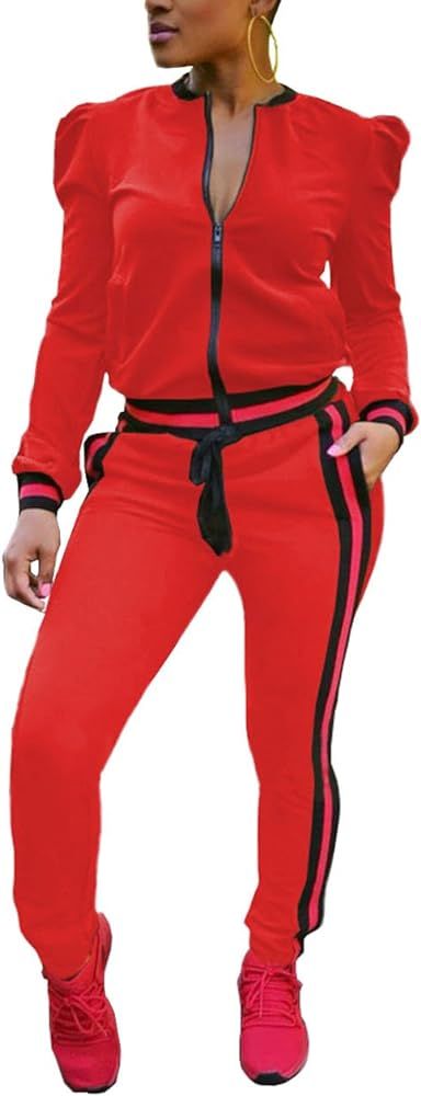 Akmipoem Women's 2 Pieces Outfits Long Sleeve Zipper Jacket and Pants Set Tracksuits | Amazon (US)