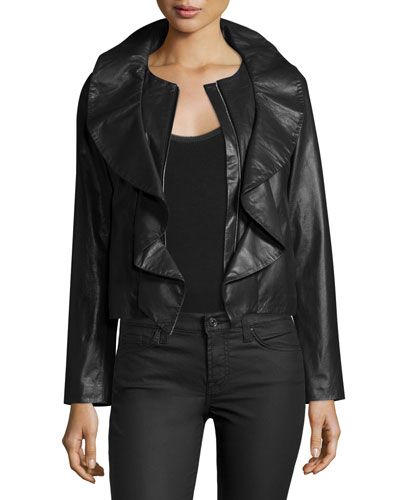 Lightweight Ruffle-Collar Leather Jacket, Black | Bergdorf Goodman