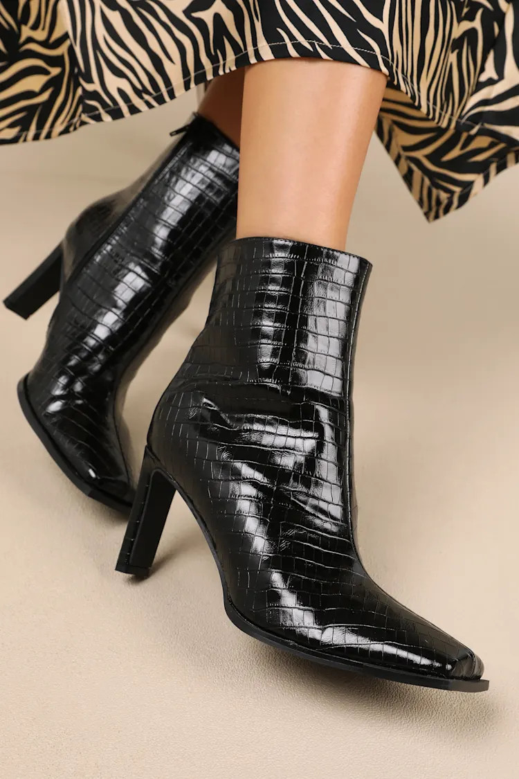 Korey Black Croc Square-Toe Ankle Booties | Lulus