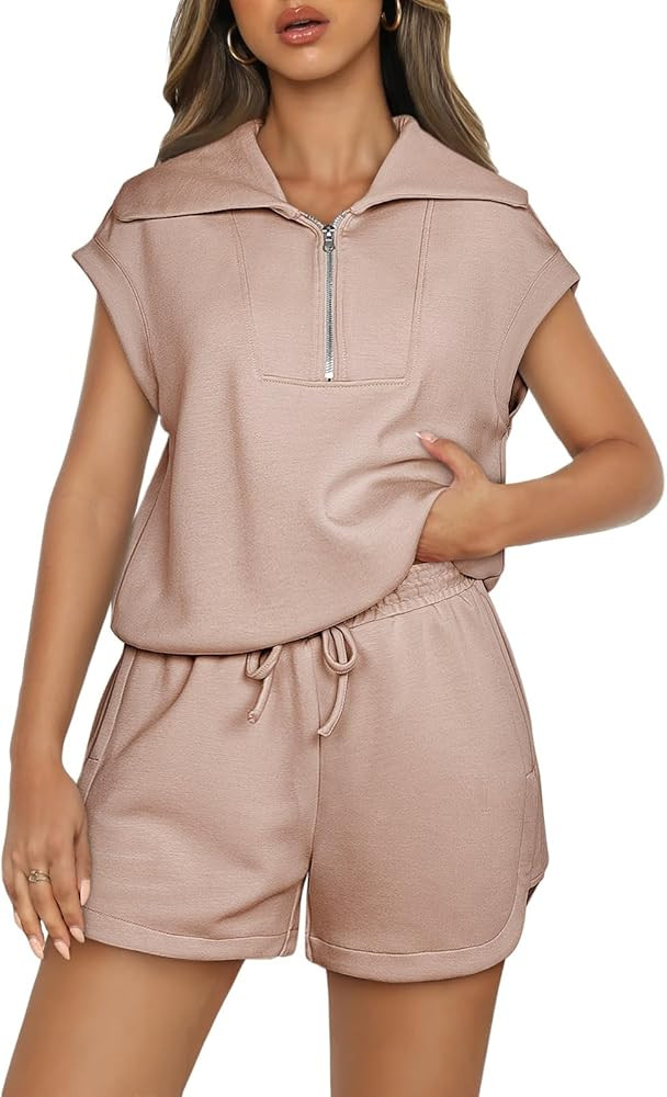 Herseas Womens 2 Piece Outfits Half Zip Cap Dropped Armholes Sweatshirts High Waisted Shorts Swea... | Amazon (US)