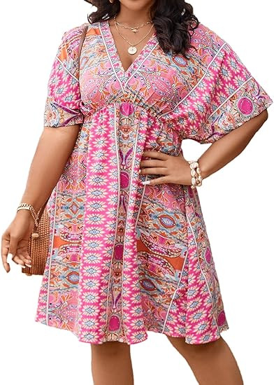 Floerns Women's Plus Size Summer Vacation Wrap V Neck Short Sleeve Ruffle Hem A Line Hawaiian Sho... | Amazon (US)