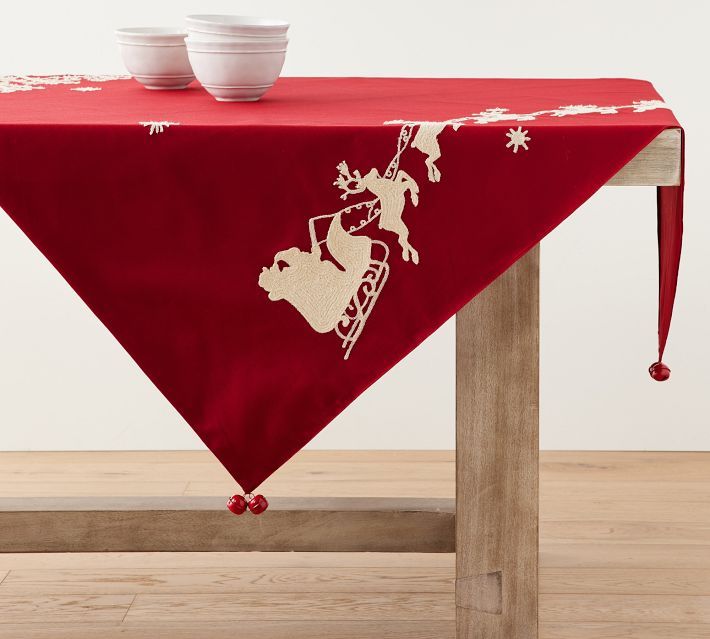 Sleigh Bell Crewel Embroidered Cotton Table Throw | Pottery Barn (US)