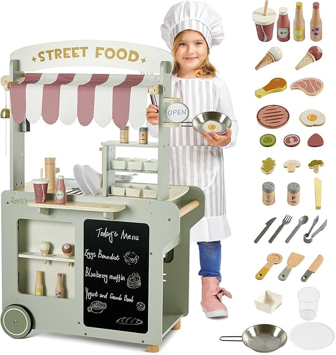 Wooden Food Cart, Kitchen Playset 50-Piece Toddler Pretend Play Grocery Store with Sink and Ice M... | Amazon (US)