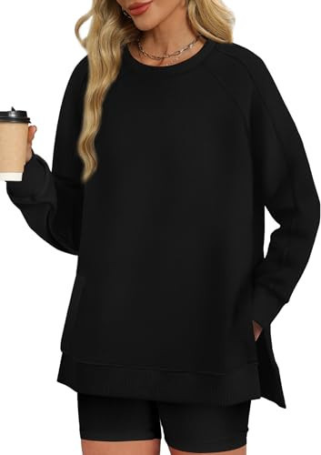 XIEERDUO Black Tops for Women Vintage Crewneck Sweatshirts Women Fall Outfit Split Hem M | Amazon (US)