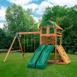 Gorilla Playsets Professionally Installed Outing Wooden Outdoor Playset with Wood Roof, 2 Slides, Rock Wall, and Swing Set Accessories | The Home Depot