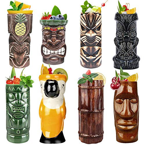 LINALL Tiki Mugs Cocktail Set of 8 - Ceramic TIKI Mugs Hawaiian Party Cute Exotic Cocktail Glasses Hawaiian TIKI Mug - TKSET0080 (8pcs) | Amazon (US)