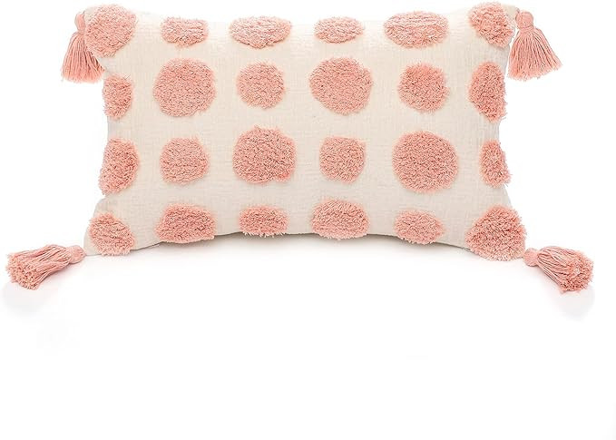 PLWORLD Boho Pink Lumbar Throw Pillow Cover 12x20 Inch with Tassels, Pom Pom Tufted Cream Chenill... | Amazon (US)