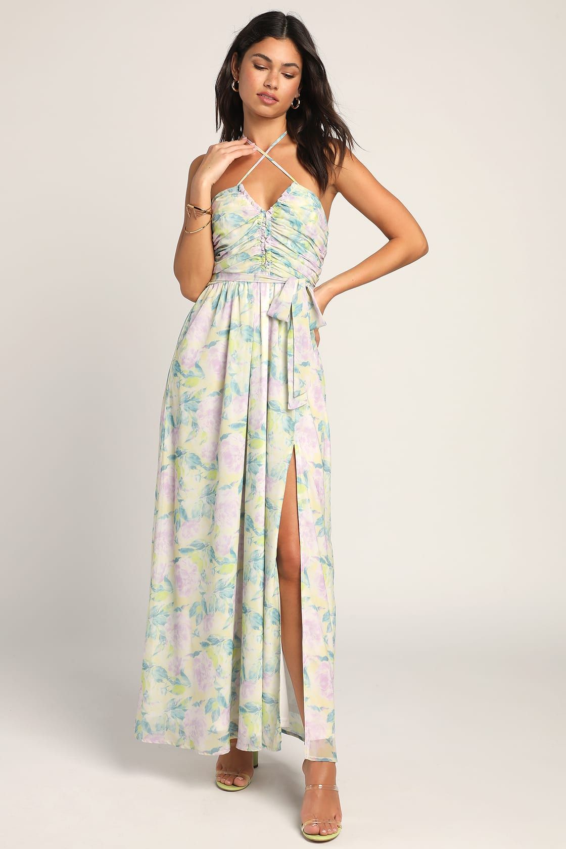 Effortlessly Abloom Green Multi Floral Ruched Halter Maxi Dress | Lulus